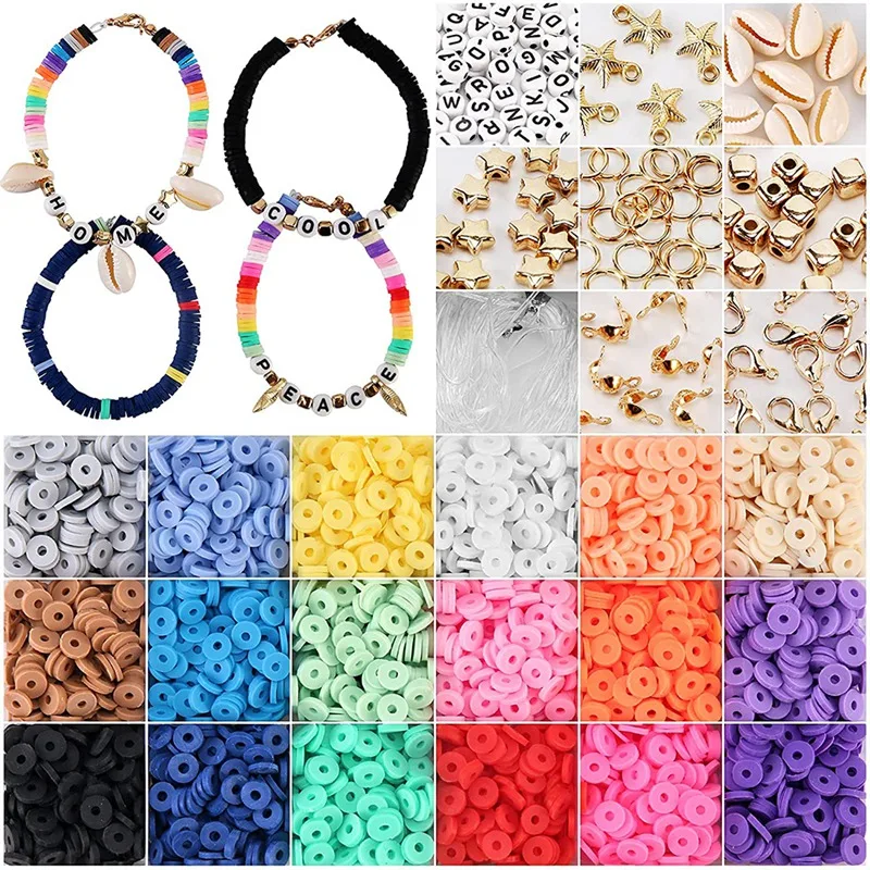 

4500 Multiple Clay Beads Polymer Loosely Spaced Beads with 10M Elastic Cord and Jumping Loop DIY Jewelry Marker Bracelet
