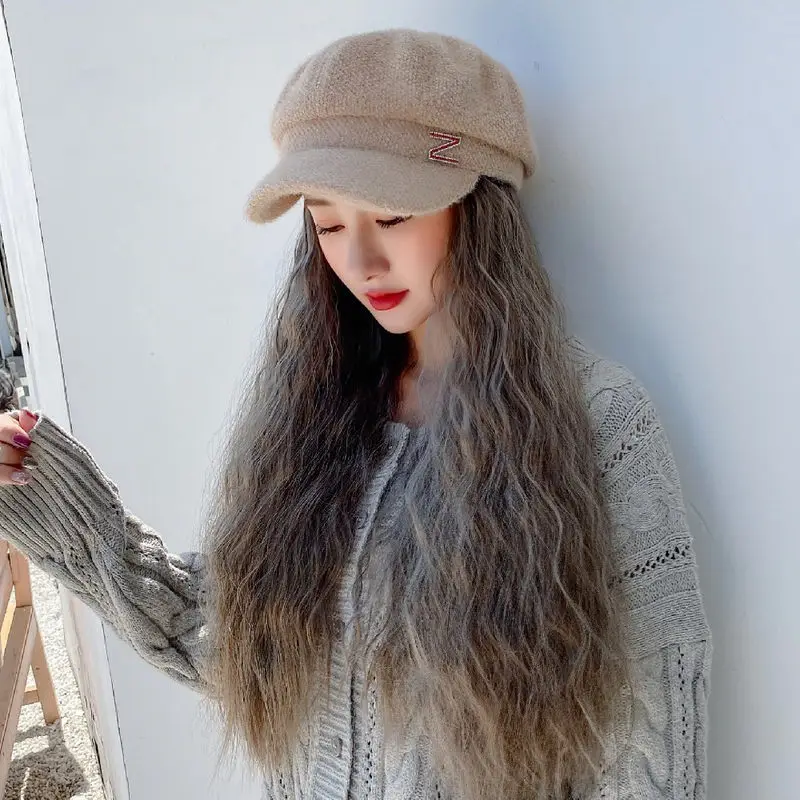 

Fashion Casual Wool Hat Wig Long Curly Wavy Wigs For Women Octagonal Cap Girls Natural Grey Brown Black Wigs
