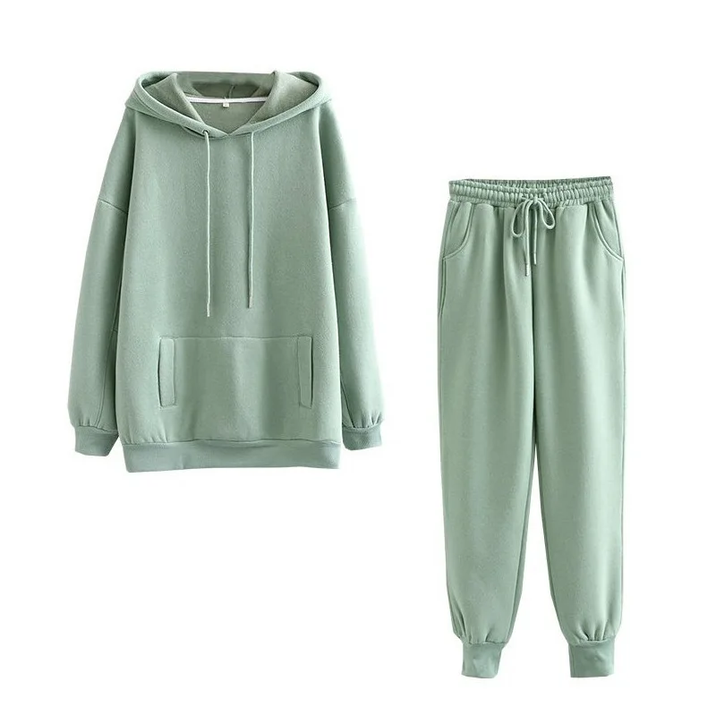 

Draw String Autumn Hoodies Long Sleeve Hooded Pocket Sweaters Women 2 Piece Set Thicken Winter Sportswear Pullover Female Tops