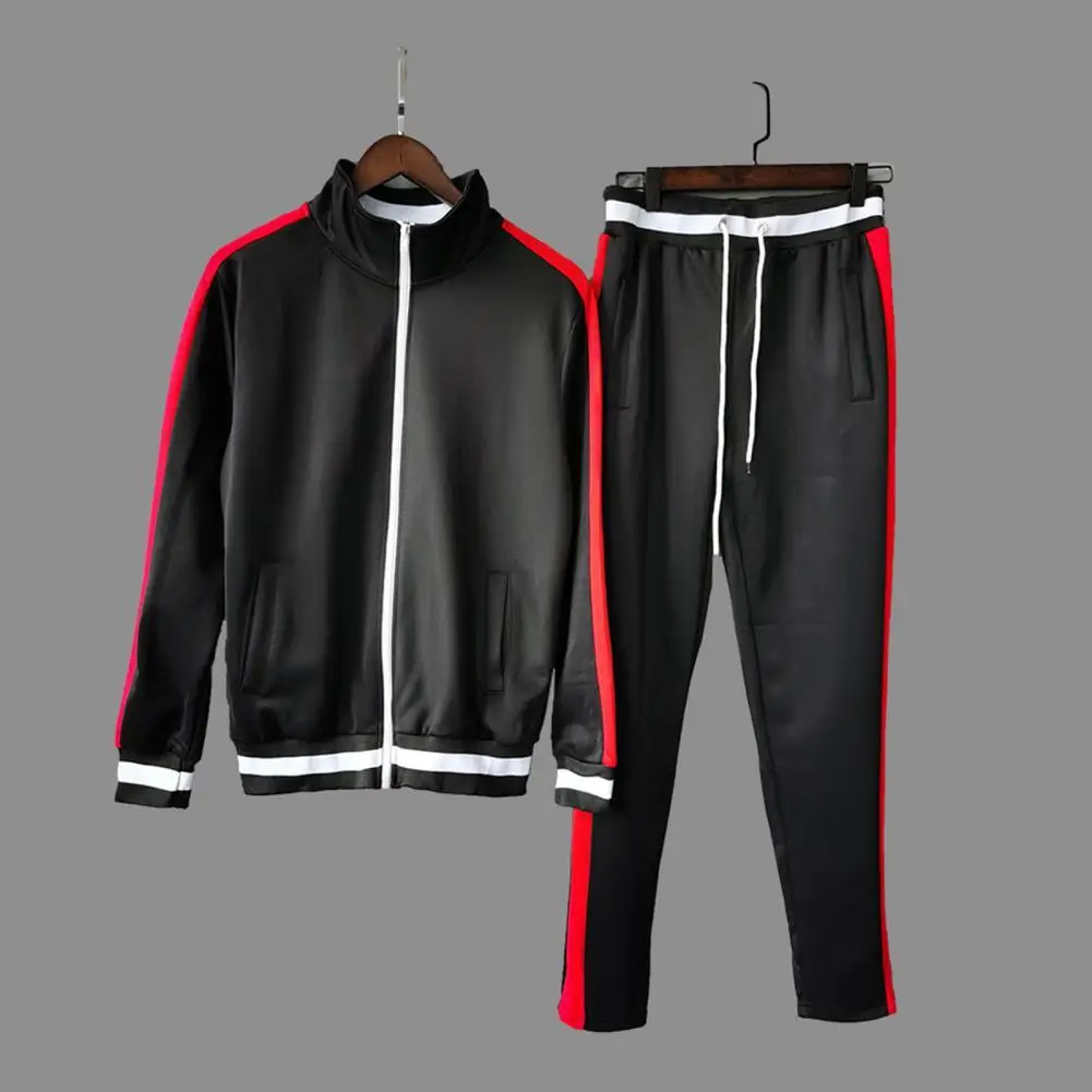

Men's Coat Patchwork Stand Collar Sweatshirt Pants Set 2 Pieces Long Sleeve Zipper Drawstring Warm Tracksuit Set for Sports