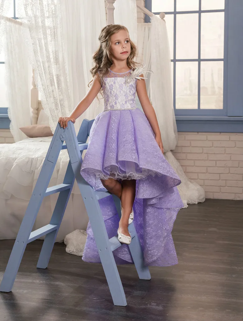 

High Low Flower Girl Dresses For Weddings Ball Gown Lace Beaded Lavender Long First Communion Dresses Little Girl