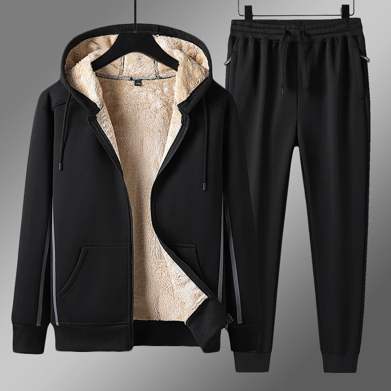 

2021Brand New Fleece Men Set Tracksuit Lined Thick Sweatshirt + Pants Sportswear Suit Male Winter Warm Hooded Outerwear Suit