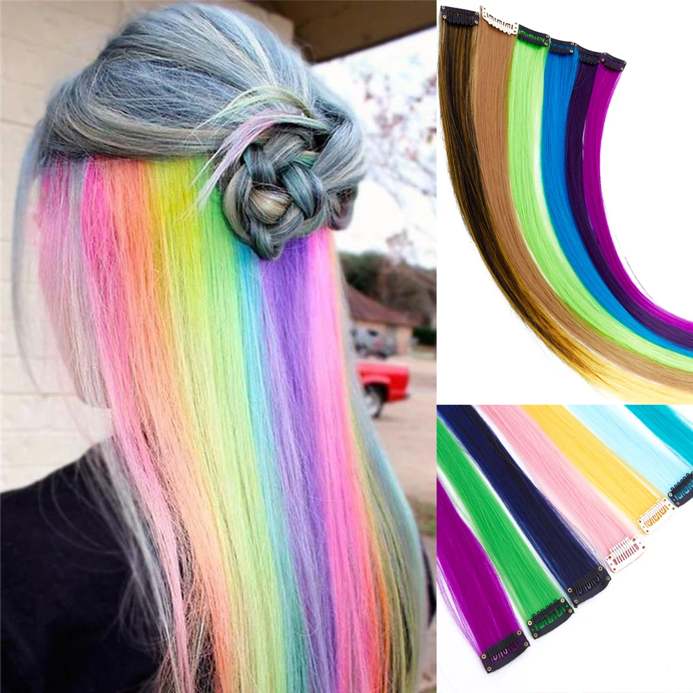 

Clip In One Piece Hair Extensions 50Cm Straight Synthetic Hairpieces Women Girls Colorful Highligh Rainbow Hair Ombre 57 Colors