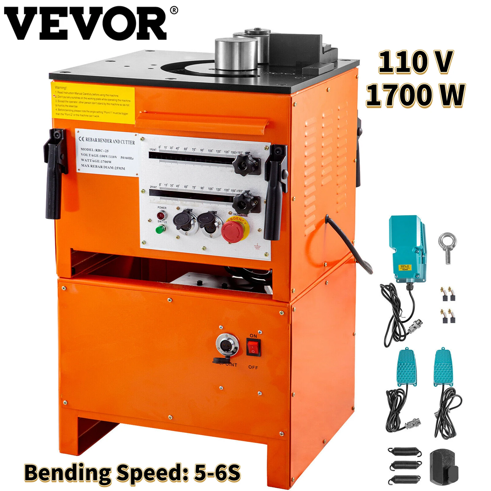 

VEVOR Electric Hydraulic Rebar Bender Cutter W/ Foot Pedals 1700W 110V Bending Speed 5-6S 6mm-25mm for Bending Rebar Steel Bars