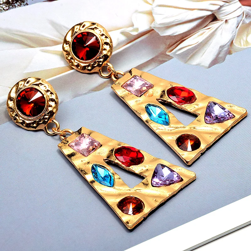 

New Gold Geometric Metal Colorful Rhinestone Drop Earrings High-Quality Fashion Crystal Jewelry Accessories For Women Wholesale