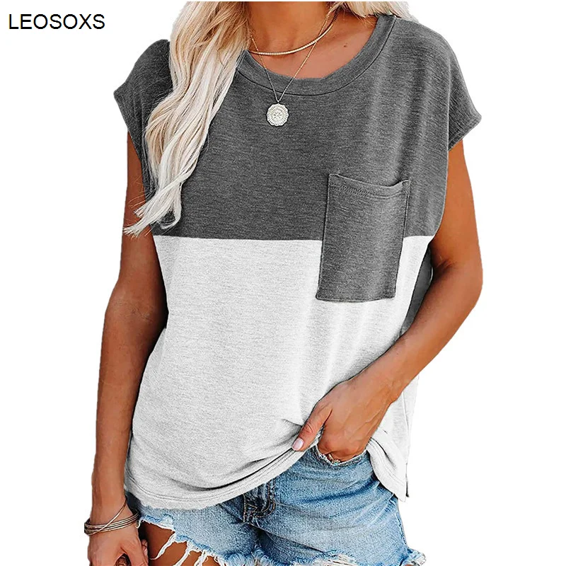 

Women's Clothing 2021 Summer New Loose Short Sleeve Printed Splicing Pocket T-Shirt Fashion Round Neck Top Female
