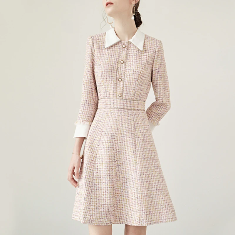 Женское твидовое платье с бахромой подиумное дизайнерское розовое в клетку