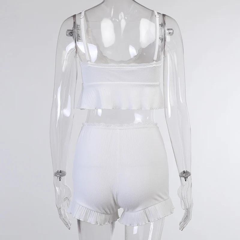 

Woman Sets Summer Fashion Slim Sexy Solid Color Ruffles Lace-up SML Crop Top Woman Casual Short Camis Crop Top & Mini Shorts