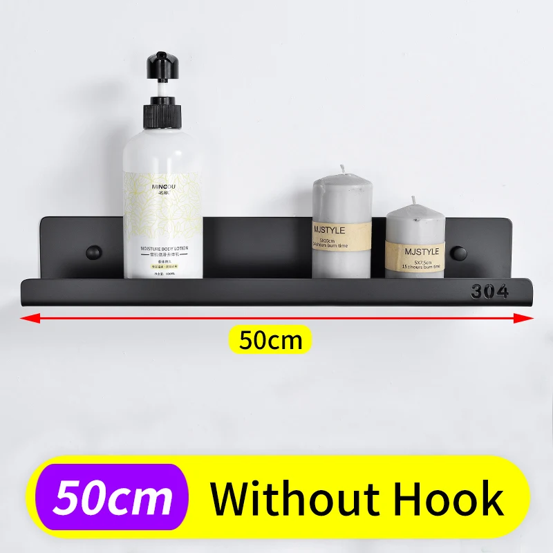 Without Hook-50cm Полка для ванной комнаты из черной нержавеющей стали, полки для ванной комнаты с 3 крючками, настенная душевая стойка, декоративные полки для кухни - Цвет: Without Hook-50cm