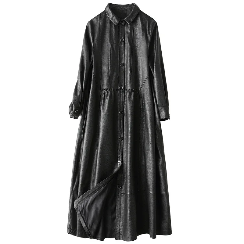 Black Genuine Leather Long Turn Down Collar Full Sleeves Spring Real Sheepskin Jacket Women 3XL Plus Size Office Lady Overcoats