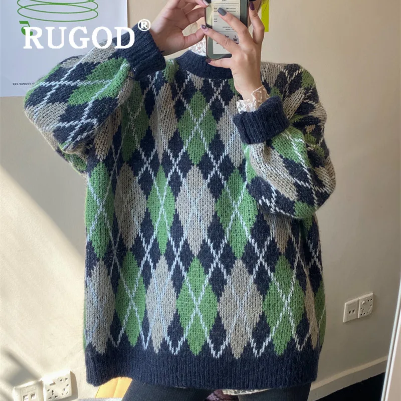 RUGOD Christmas sweater for women vintage plaid pattern oversized tunic korean chic warm knitted pullover fashion casual female | Женская