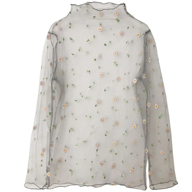 

2020 New Arrival Summer Daisy Flower Print Mesh T Shirt Women Korean Long Sleeve Fishnet T Shirt Tops Fashion Sunscreen Tee