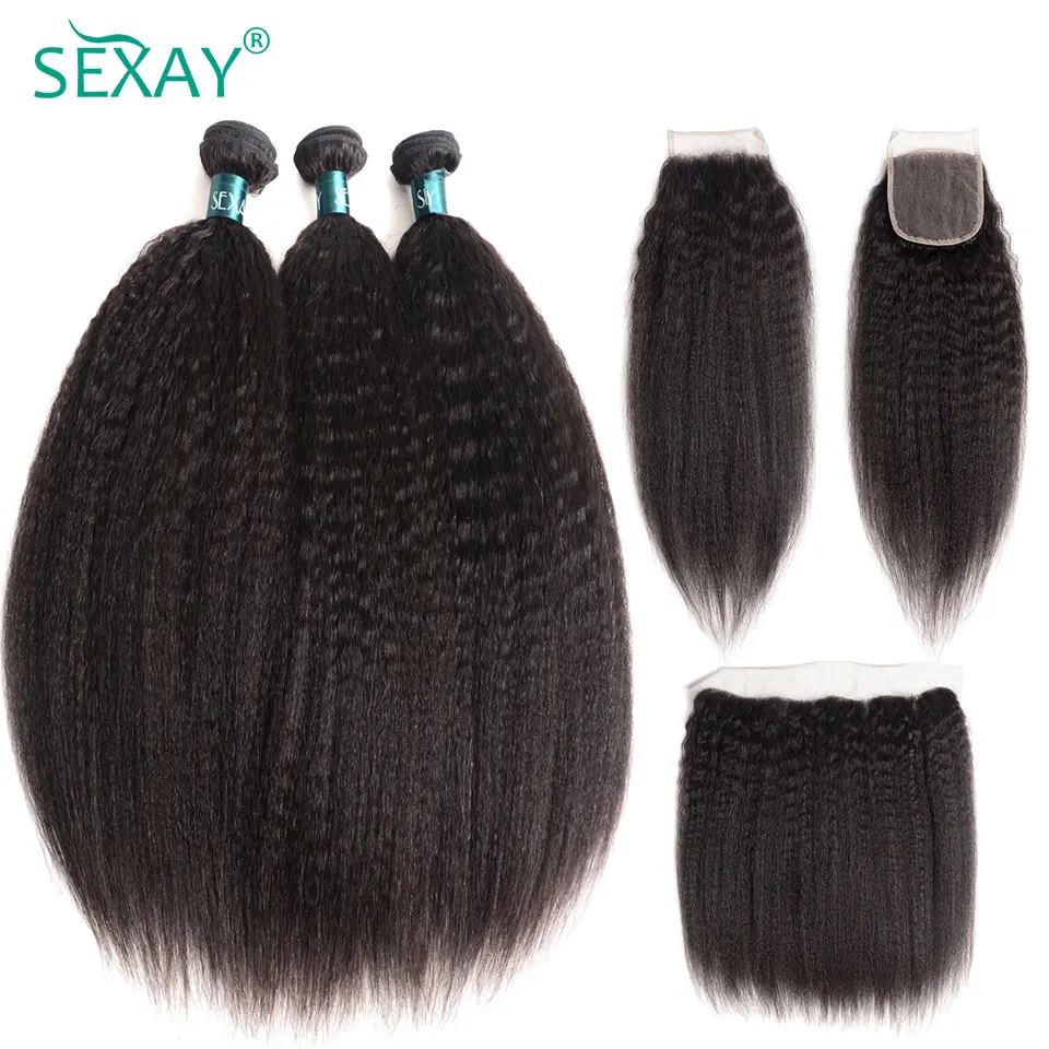 Sexay Kinky Straight Bundles With Closure Peruvian Bouncy Coarse Yaki Human Hair Weave Bundles With HD Transparent Lace Frontal