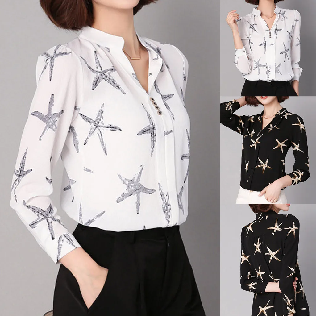 

blusas mujer de moda Women's casual and comfortable look V-neck large size printed full-sleeved chiffon top 40*
