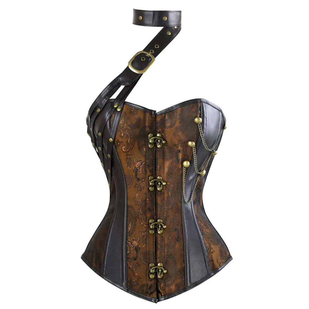 

Women's Steampunk Faux Leather Jacquard Splicing Steel Boned Lace up Buckle Halter Overbust Corset Waist Cincher Bustier