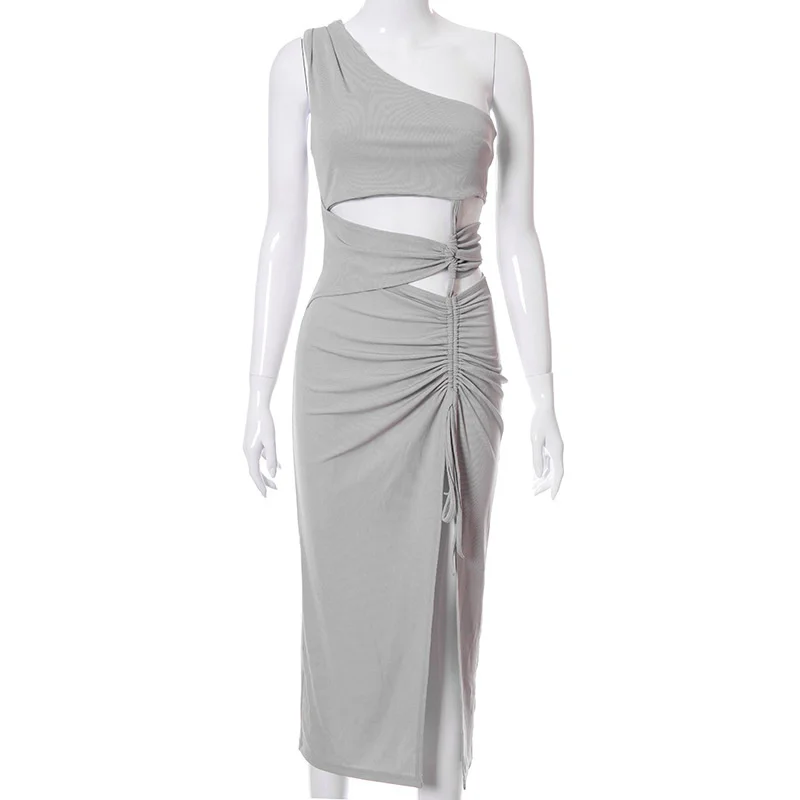 

JULISSA MO New Sleeveless Slant Shoulder Maxi Dresses Women Summer Solid Drawstring Split Dress Ladies Elegant Partywear Vestido