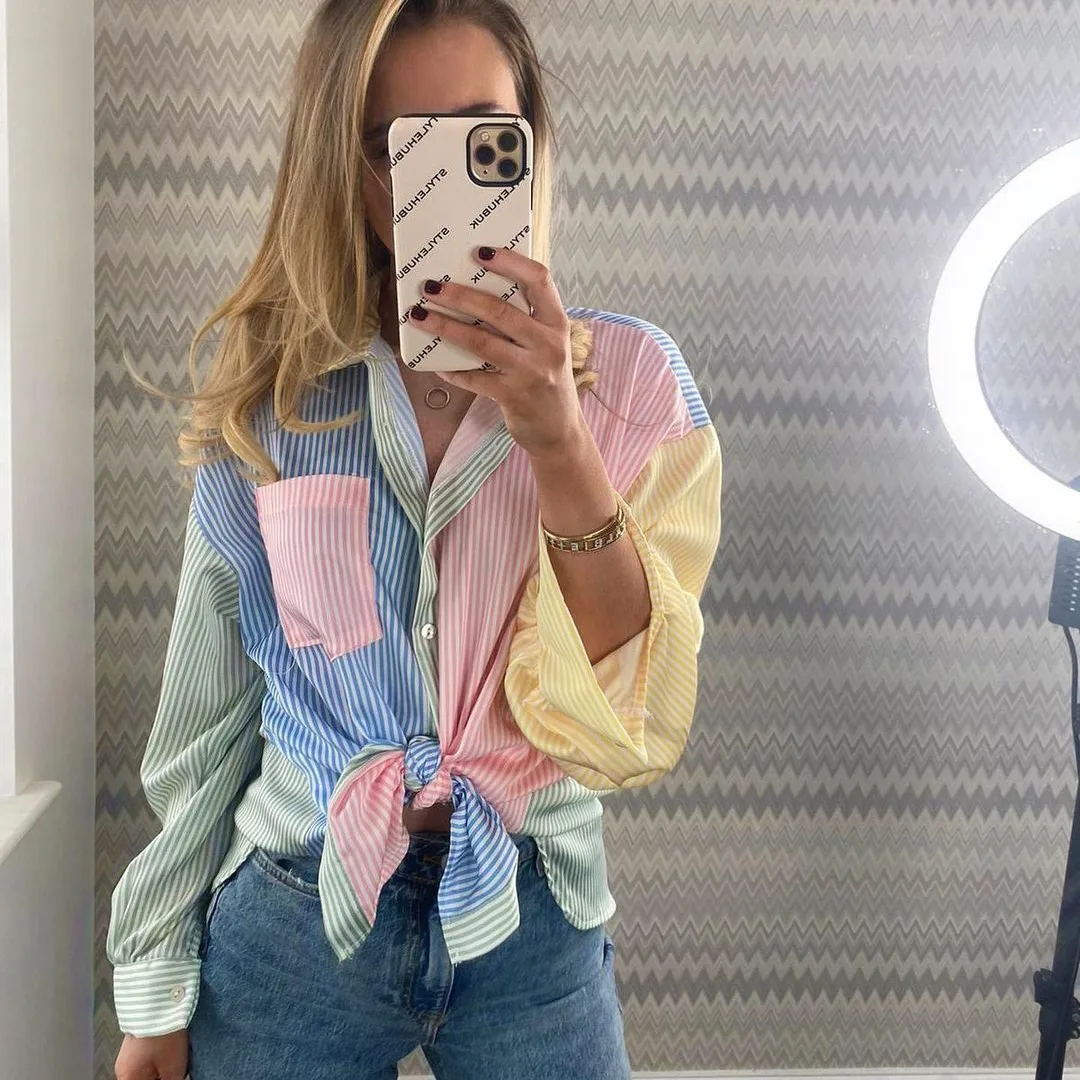 

2021 Summer Striped Women's Button Up Blouses Irregular Loose Boyfriend Spliced Shirts Long Sleeve Colorful Fashion Shirts Top