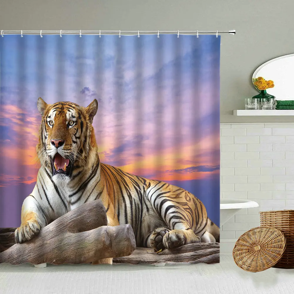 

Tiger Lion Wild Carnivore Animal Shower Curtain Stone Forest Natural Landscape Bathroom Accessories Waterproof Screen With Hook
