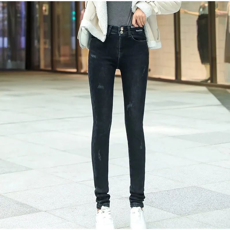 Зимние теплые удлиненные черные флисовые узкие джинсы для Высоких девочек