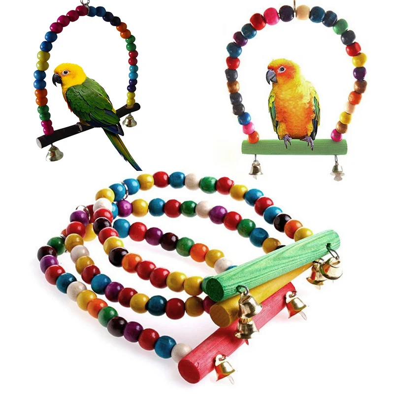 

Parrots Swing Climbing Toy Bite Toy Cage Stand Frame Natural Wooden Colorful Beads, Bells Hanging Hammock Birds Supplies