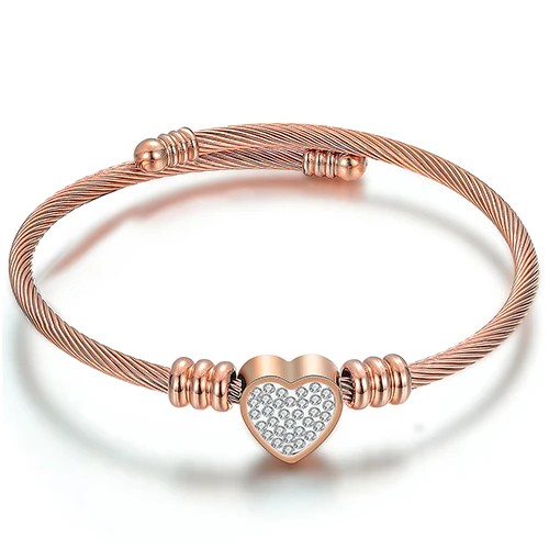 Rose gold no crystal Браслет в форме сердца, браслеты из нержавеющей стали с кристаллами, браслеты с подвесками для женщин, модное ювелирное изделие, подарок - Окраска металла: Rose gold no crystal