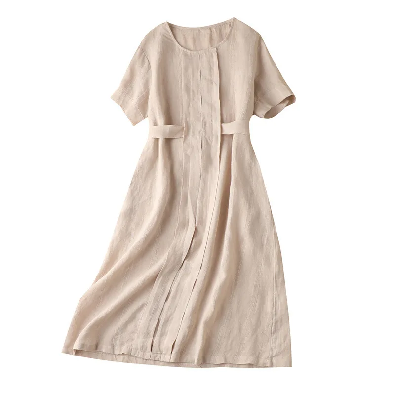

SHUCHAN Back To The Basics Women Dresses Summer 2021 Sashes A-LINE Mid-Calf 100% Linen O-Neck Solid SHORT Sleeve