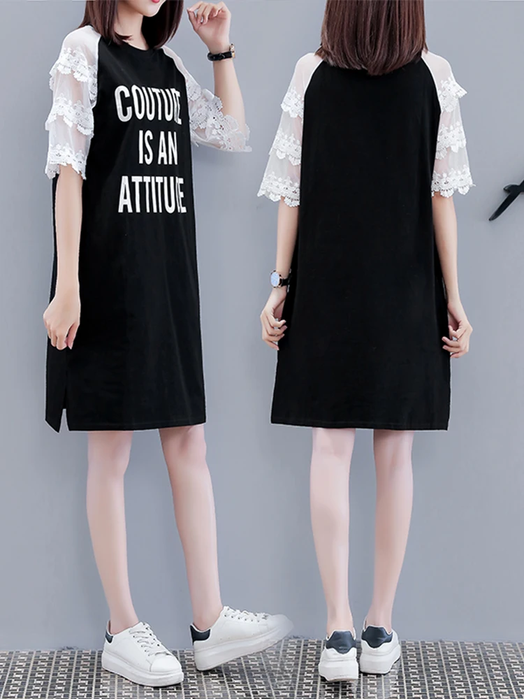 

Plus Size T-shirt Dress Woman 2020 New Spring Summer Short Mesh Patchwork Sleeve Letter Print Loose Casual Midi Dress