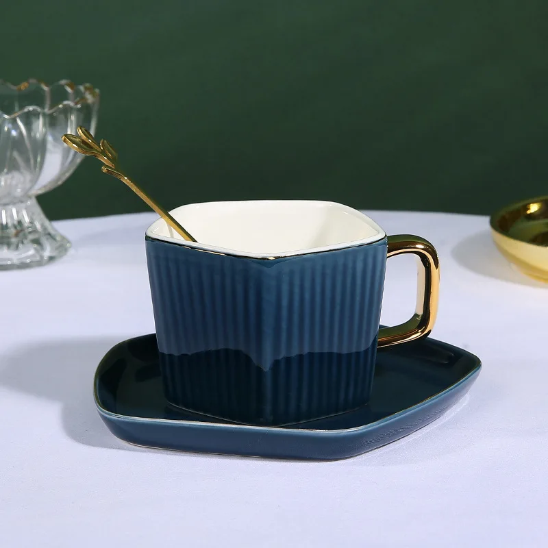 

150ML Creative Pentagonal Ceramic Coffee Cup and Saucer Nordic Style Gold Ceramic Cup Light Luxury Coffee Mug with Saucer Spoon