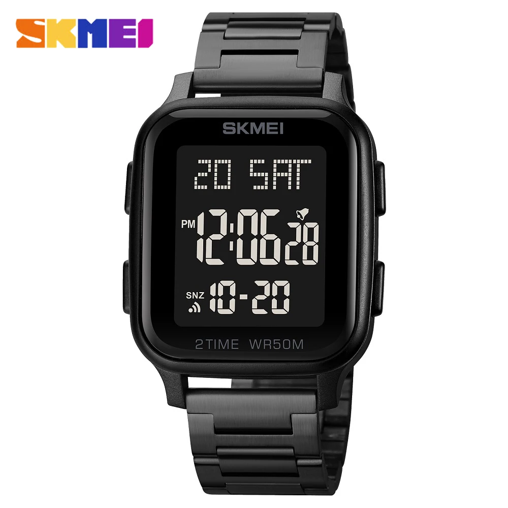 SKMEI Curved Mirror Design Square Electronic Watch New Stainless Steel Led Digital Male Wristwatch Waterproof Watch Men
