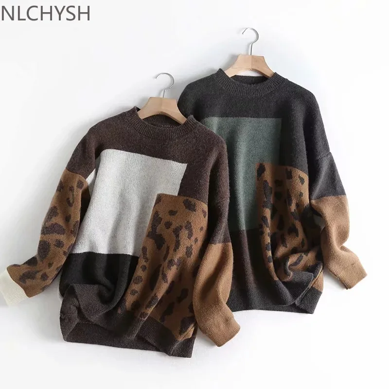 

2021 Women Sweater And Pullovers O-Neck Long Sleeve Vintage Knitted Leopard Women Sweater Autumn Pullovers Tricot