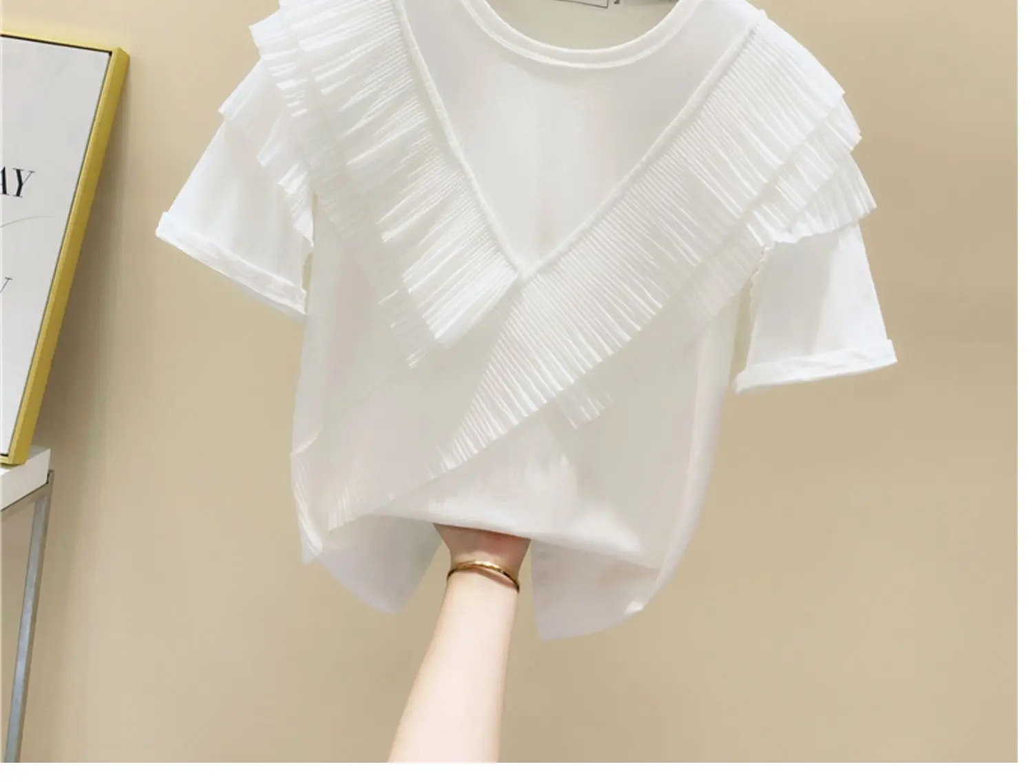 

2021 women's ruffled patchwork T-shirt white short-sleeved Korean loose summer top