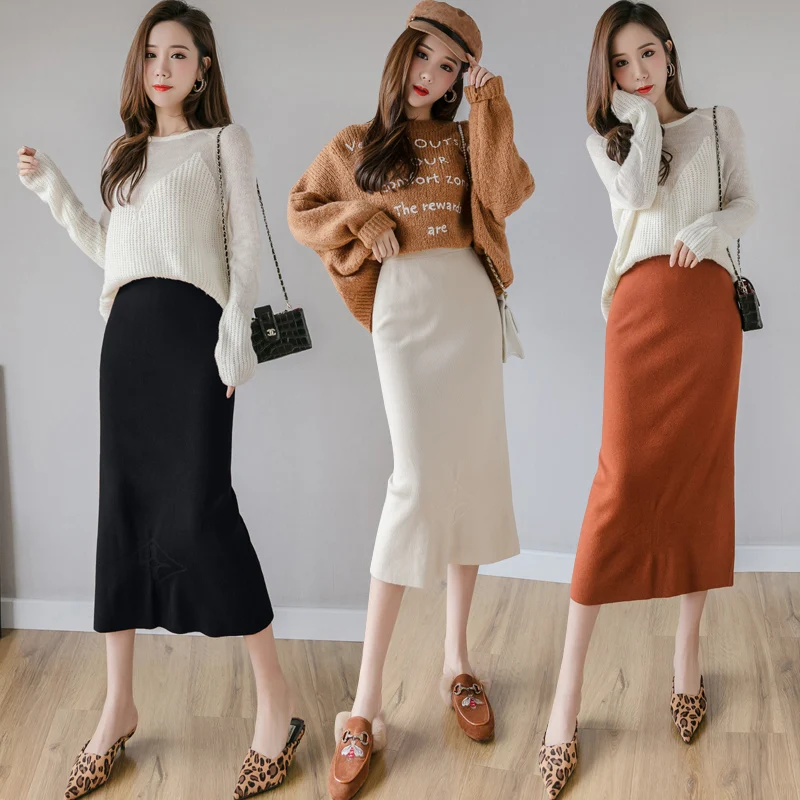 Женская трикотажная юбка 2019 осенняя и зимняя новая карандаш с высокой талией