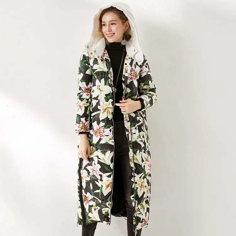 

2021 floral Winter print women down jackets high quality 90% white duck down coat Chic warm hooded down overcoat B066