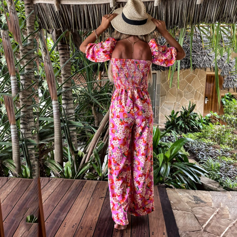 

Wefads Summer Jumpsuits Fashion Casual Pockets Women Elegant Printed Bubble Sleeve Playsuits Lady Wide Leg Pants Bohemia Romper