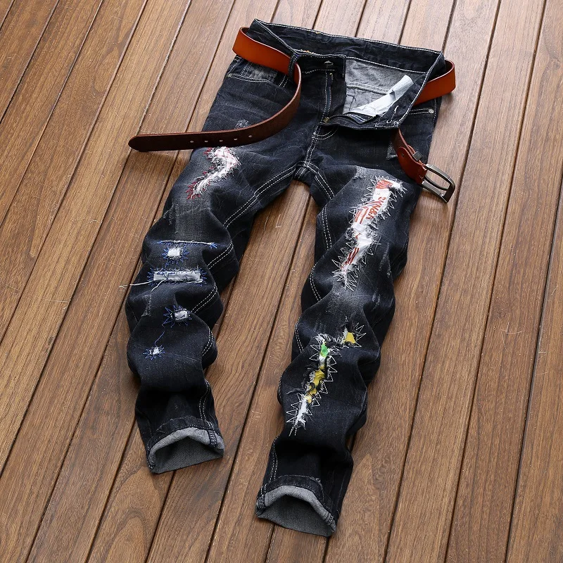 

2021 New European And American Men's Foreign Trade Hole Sticking Cloth Straight Tube Fashion Jeans