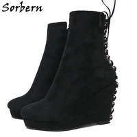 sorbern black women ankle boots wedges visible platform high heel shoes lace up back round toe custom personalized multi colors