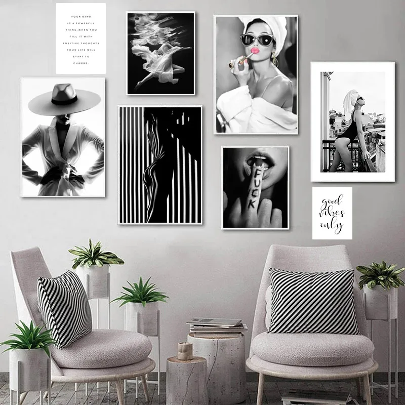 

Black and White Photography Poster Home Decor Wall Art Canvas Painting Fashion Lady Figure Print for Nordic Dormitory Picture