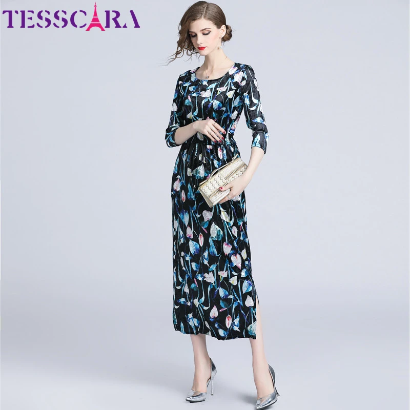 TESSCARA, женское осеннее и зимнее элегантное бархатное платье, праздничное, женское, высокое качество, цветочный дизайн, Vestidos, офисное, длинное, женское платье