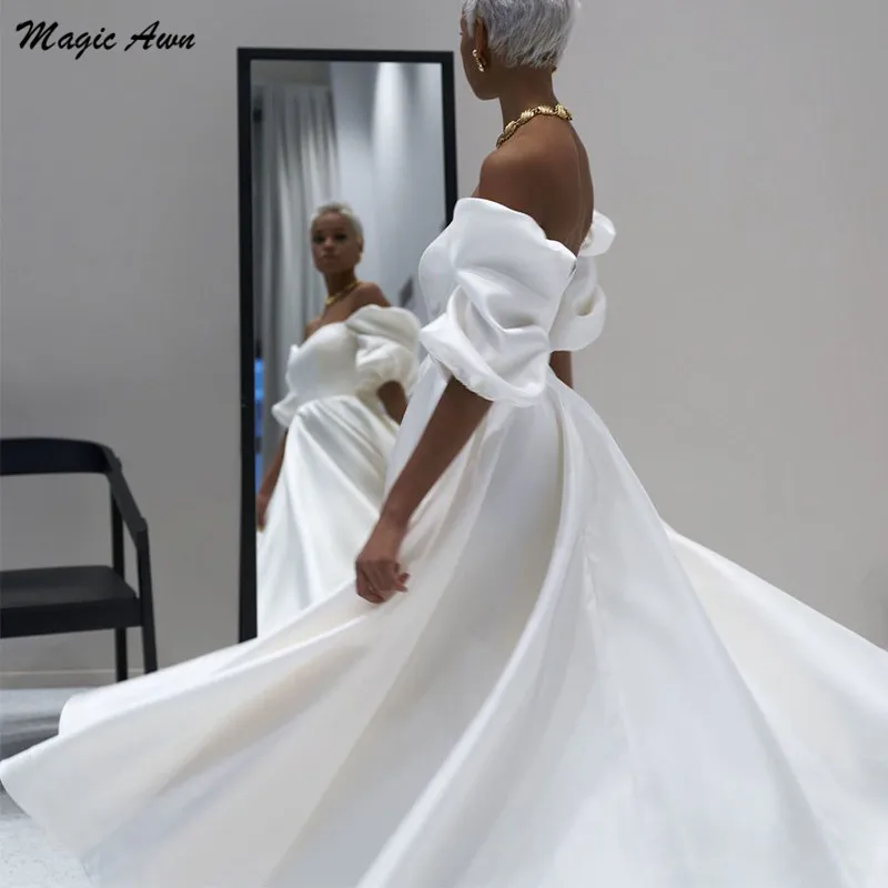 

Magic Awn Vintage Satin Wedding Dresses Off The Shoulder Short Puffy Sleeves Ankle Length A-Line Simple Wedding Party Gowns