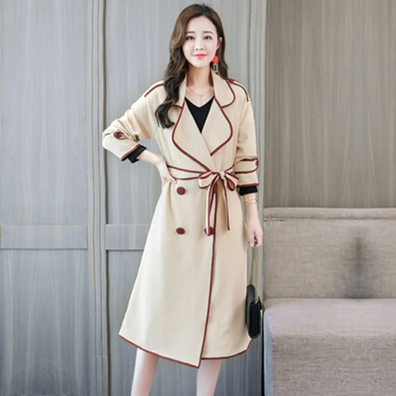 

Fall Winter Hepburn Fashion Long Trench Coat Women New Lapel Slim Long Sleeve Coat Double-breasted Lace-up Outwear Trench