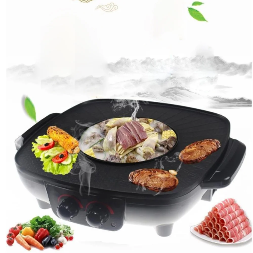 

Double Control Roasting Pot Electric Barbecue Hotpot Oven Grill Teppanyaki Smokeless Hot Pot Machine BBQ Black Pot with Triangle