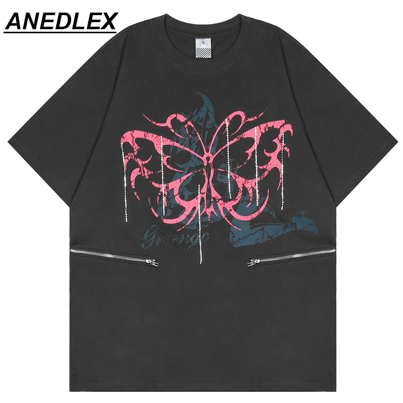 

Футболка мужская хлопковая с бабочками, уличная одежда в стиле хип-хоп, Харадзюку, с бахромой, цепочкой и бриллиантами, с принтом на молнии, л...