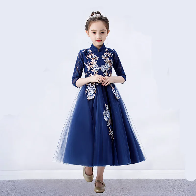 

Navy Blue Flower Girls Dress Muslim 2020 Long Junior Bridesmaid Dresses Cheap Hot Wedding Party Guest Formal Dress With Sleeves