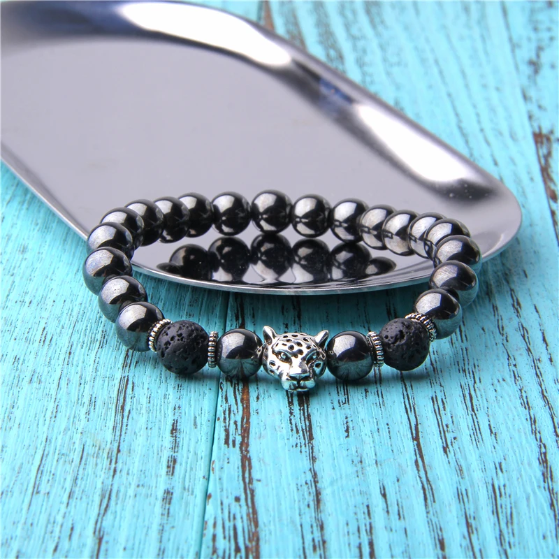 

Leopard Bracelets Men Weight Loss Round Lava Therapy Bracelet Health Care Magnetic Hematite Stretch Bracelets for Women Pulseras