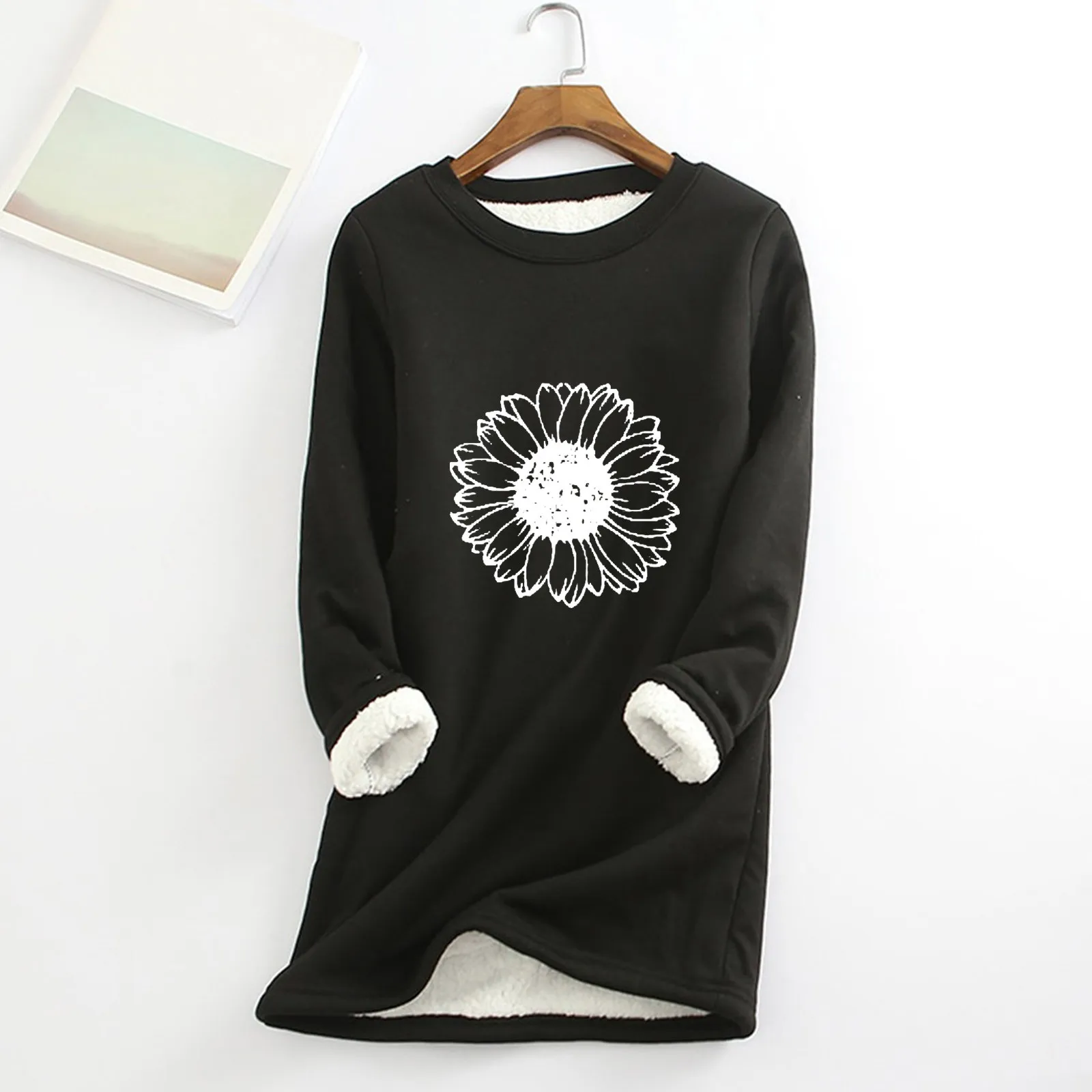

Women Thick Fleece T-shirts Dandelion Printed Long Sleeve Bottoming Tunic Tops Plus Velvet Winter Warm Clothes Ropa Mujer A40
