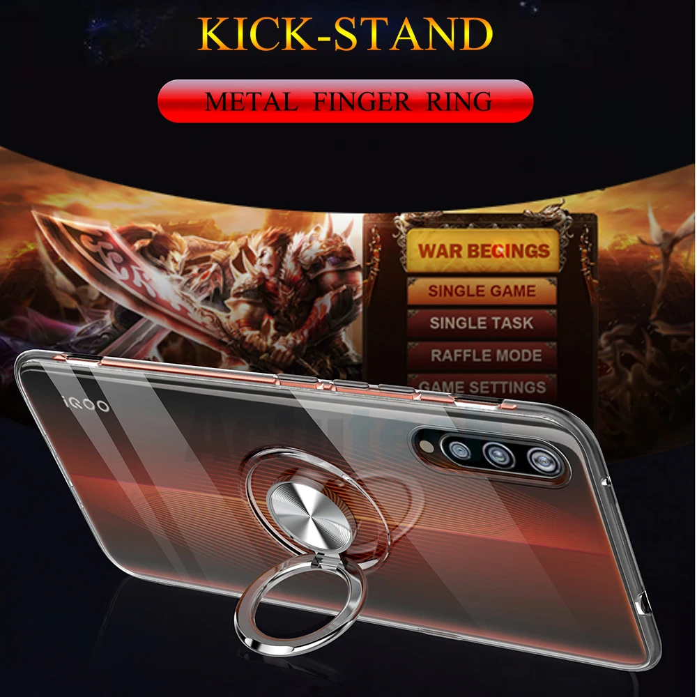 

For VIVO IQOO case transparent soft TPU back cover For VIVO IQOO X27 Pro V9 magnetic car holder full case 360 Degree finger Ring