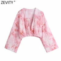 zevity new women vintage v neck pink tied dyed printing short smock blouse female kimono shirt chic slim blusas crop tops ls9281