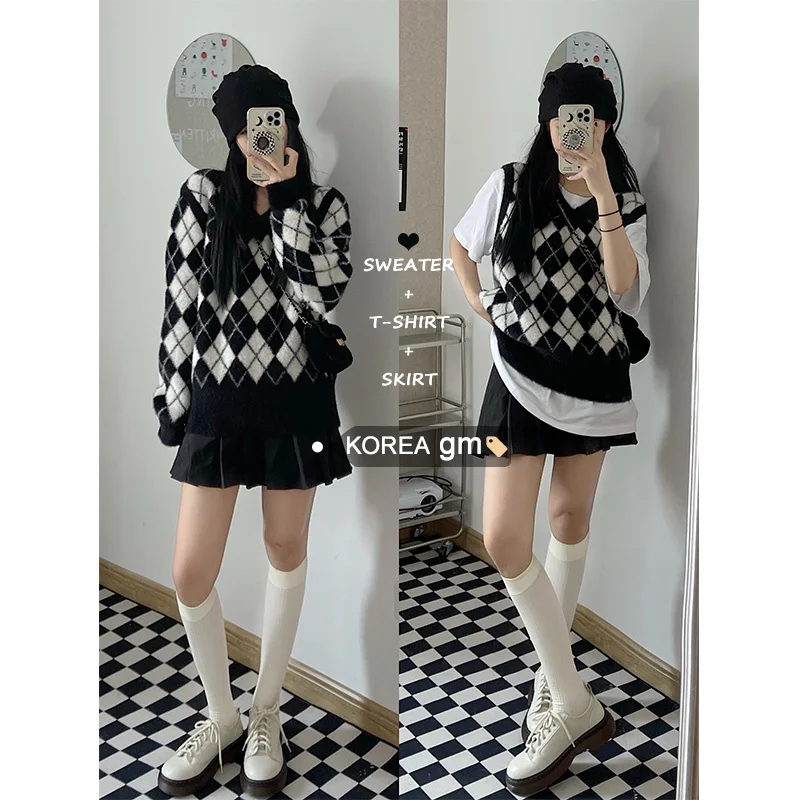 

Argyle Fashion Knitted Vest Women Casual Korean Pullover Elasticity Sweater Spring Autumn Sleeveless V-Neck Tank Tops