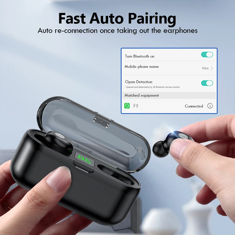 

Tws f9 sport headset wireless bluetooth touch mini stereo bass headphones with 2000mah case charging power bank