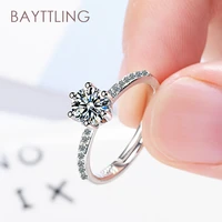 bayttling hot sale silver color luxury single row zircon round open ring for woman fashion wedding jewelry couple gift